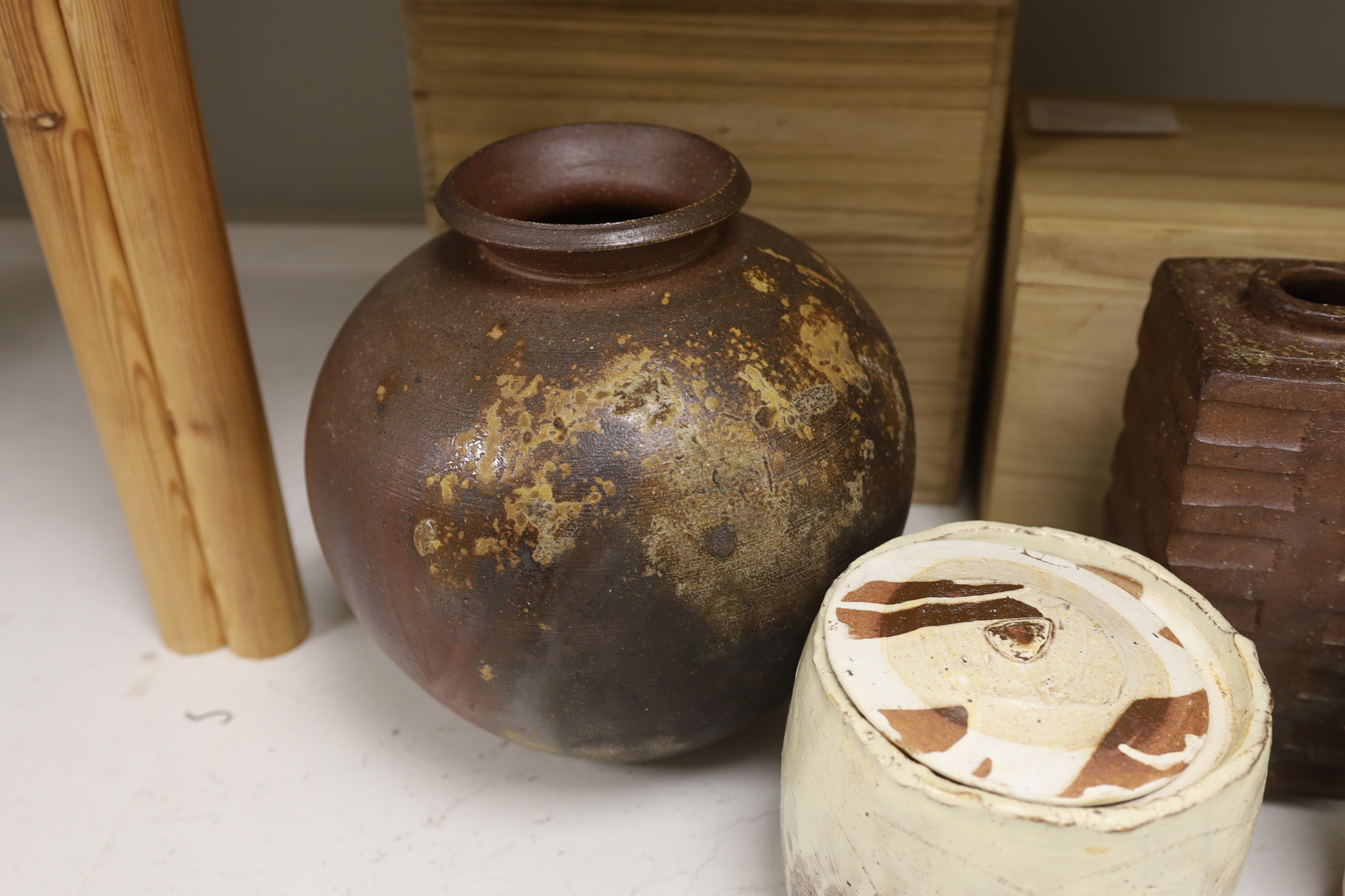 Three Japanese pottery vases and a similar pot and cover, Bizen kilns etc.,two items boxed, largest 25.5cm high